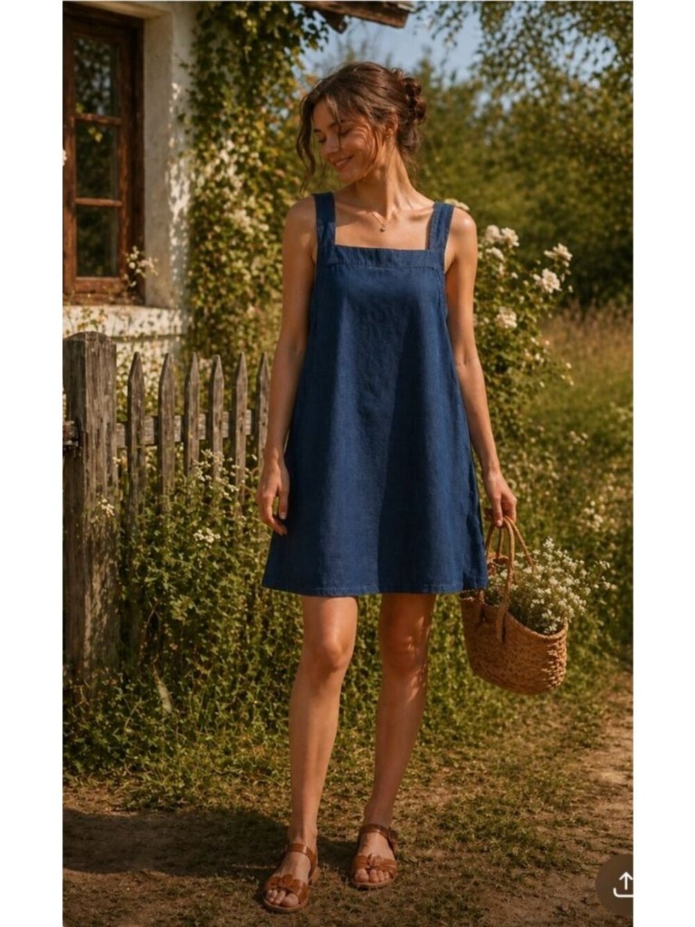 Womens Chambray Midi Dress Lyocell Square Neckline Cottagecore Minimalist Size M